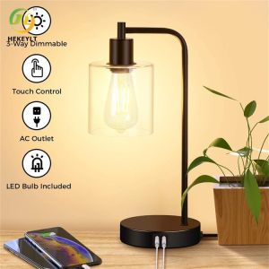 Modern Touch Console 3 Way Dimmable Bedside Table Light With Glass Shade USB
