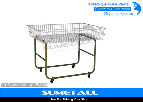 Quality Movable Metal Wire Storage Baskets Wire Promotion Table With 4 Wheel wholesale