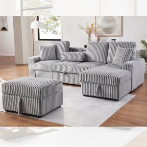 Sectional Sleeper Sofa with Pull-Out Bed and Dropdown Table and Storage Chaise and Storage Ottoman, Gray Corduroy Fabric
