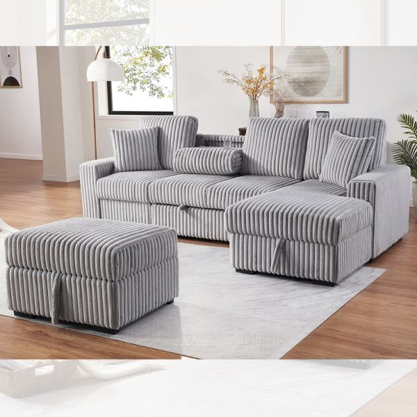 Quality Sectional Sleeper Sofa with Pull-Out Bed and Dropdown Table and Storage Chaise and Storage Ottoman, Gray Corduroy Fabric wholesale