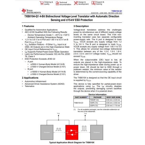 TXB0104QPWRQ1 Voltage Level Translator Bidirectional 1 Circuit 4 Channel 100Mbps