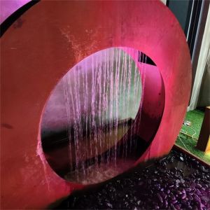 Round Waterfall Corten Steel Landscape Water Feature Fountain With LED Light