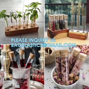 Plastic Glass Test Tubes with Cork Stoppers, Liquid Sample Vial, Leak-Proof,