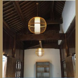Creative Round Bamboo Lantern Pendant Light Handmade Wood Suspension Lamp(WH-WP