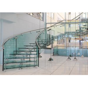 Tempered Glass Tread Curved Staircase Building Curved Stairs With Stainless