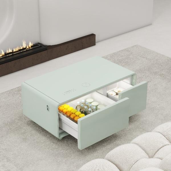 Chic Tempered Glass Top Coffee Table with Built-in Refrigerator and Wireless
