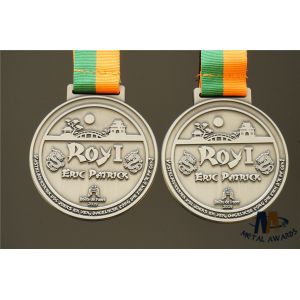 China Personalized Dragon Engraved Medals Antique Silver Plated With Woven Ribbon Medailles on sale