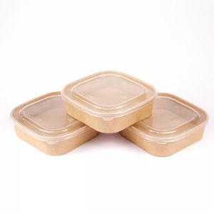Custom Printing Disposable Kraft Paper Bowl Square With Plastic Lid Take Away
