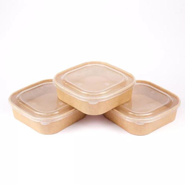 Custom Printing Disposable Kraft Paper Bowl Square With Plastic Lid Take Away