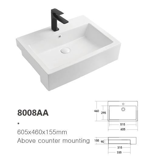 Rectangle Ceramic Above Counter Semi-insert Washbasin With Overflow Hole