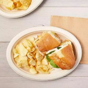 230mm Biodegradable Compostable Sugarcane Plates Bagasse White Oval Plates