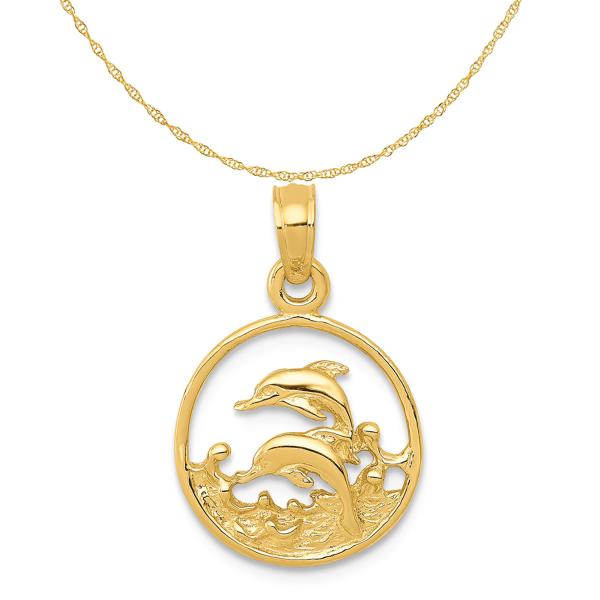Quality Carat in Karats 14K Yellow Gold Double Dolphin Circle Pendant Charm With 10K Yellow Gold Lightweight Rope Chain Necklace wholesale