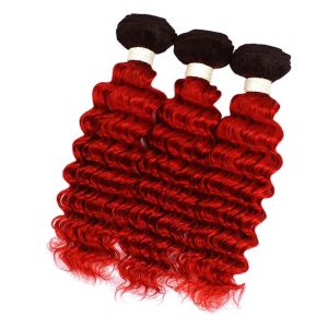 #T1B/Red Deep Wave Remy Human Hair Bundles Sew In Weave Bundles Brazilian Bundle