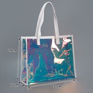 sustainable recyclable Holographic Clear Tote Bag With Leather Handle Iridescent