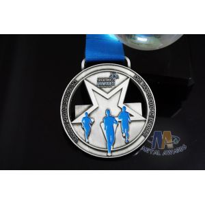 2D Silver Design Running Race Medals , Custom Insert Medals With Blue Enamel