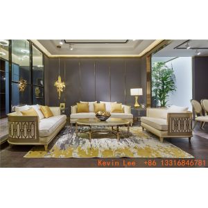 China Luxury villa interior furniture custom made high end fabric sofa set 123 light luxury hand made leaf for wood structure on sale