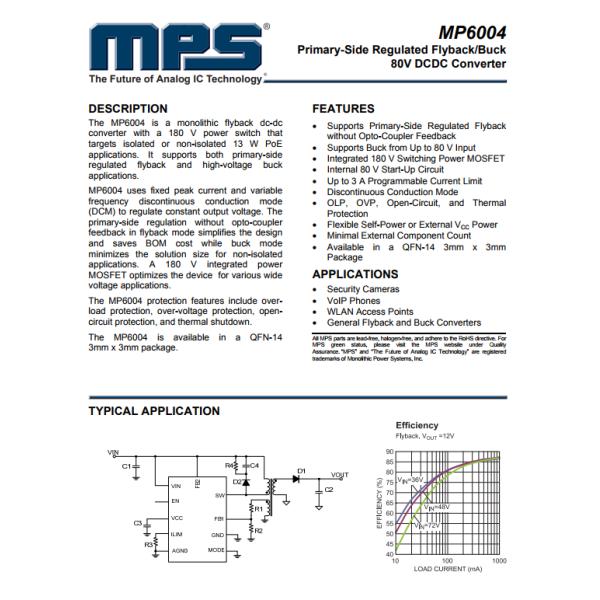 MP6004GQ-Z Buck, Flyback Switching Regulator IC Positive Adjustable -0.5V 1 Output 3A (Switch) 14-VFDFN Exposed Pad