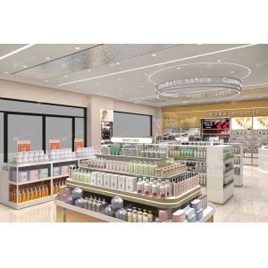 Customized Makeup Shop Interior Design White & Gold Retail Display Rack for