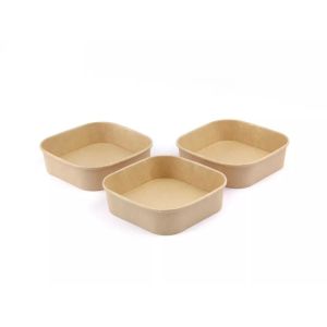 Custom Printing Disposable Kraft Paper Bowl Square With Plastic Lid Take Away
