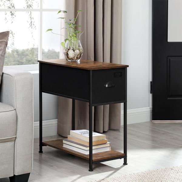 Long Side Table with Fabric Drawer, Industrial End Table with Drawer, Side Table