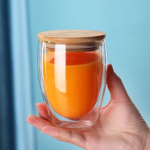 250ml 350ml 450ml Double Wall Glass Coffee Mugs With Bamboo Lid