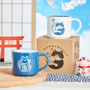 Ready To Ship In Stock Customized ceramic mug Blue and white cat cup