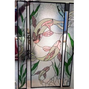 China Custom Koi Design Entry Door Glass Insert Decorative Glass Panel Beveled Glass on sale