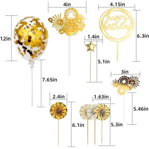 Birthday Paper Fans Banner Confetti Balloon Fireworks Golden Cupcake Topper For
