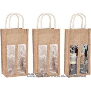 Burlap Wine Bottle Bag Jute Wine Tote Gift Bag With 2 Clear Window And Handle