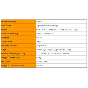 SET45 Tapered Cone and Cup Set Roller Bearings for Jeep High Precision