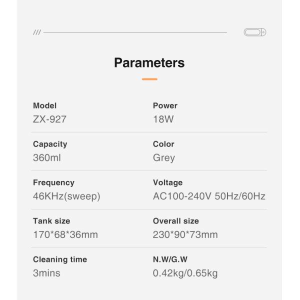FCC 360ML Antibacterial Ultrasonic Eyeglasses Cleaner 48KHz