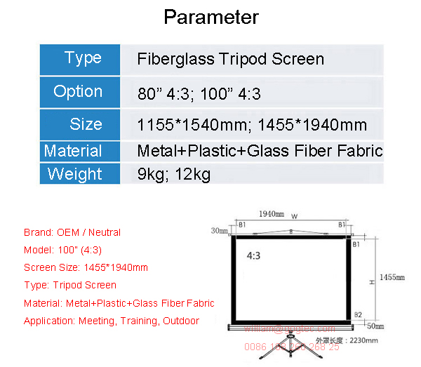 100" 4:3 foldable tripod projection projector screen HD 3D TV home theater fiberglass