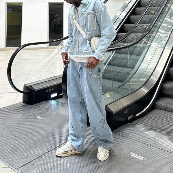 Clothing Manufacturers Custom Denim Sweatsuits Distressed Design Jacket and Straight Baggy Loose Jean Mens Sweatpants Tracksuit