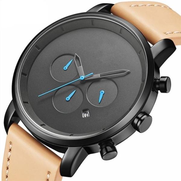 Men Multifunction Alloy Quartz Watches Casual Sport Analog Leather Strap