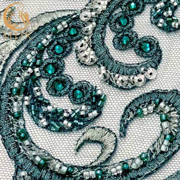 Green Handmade Dress Fabric Tulle Embroidery Rhinestones With Beaded