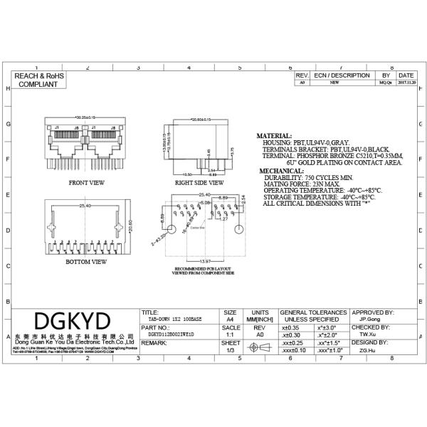 Gray plastic housing dual port rj45 plug connection jack with magnetic transformer