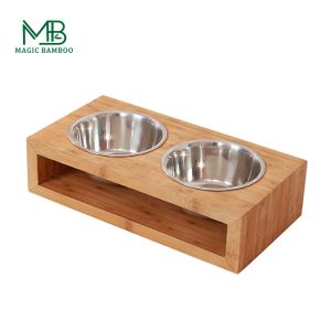 Cheap Bamboo Pet Feeder With Double Position Steel Bowls Rectangle for sale