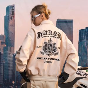 China Windproof Streetwear Varsity Jacket Striped Embroidered Loose Leather Plus Size on sale