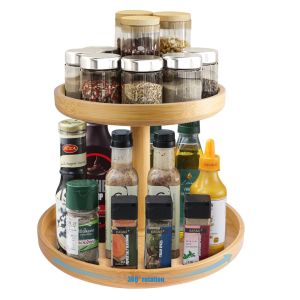 Standing Type 2 Tier Natural Bamboo Lazy Susan Turntable Organizer for Modern