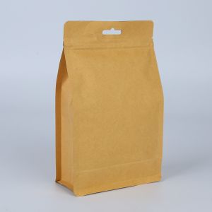 China Stock Quad Seal Brown Flat Bottom Stand Up Doypack Kraft Paper Food Zipper