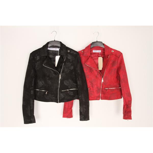 Quality Black Red Cropped Ladies Suede Bomber Jacket With Jacquard Weave wholesale