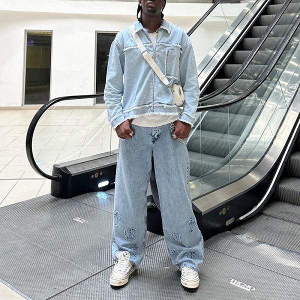 Clothing Manufacturers Custom Denim Sweatsuits Distressed Design Jacket and Straight Baggy Loose Jean Mens Sweatpants Tracksuit