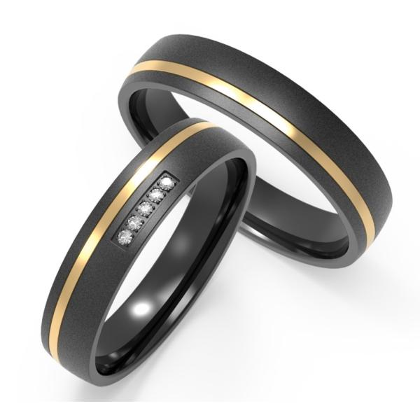 Quality Custom Polished Finish Couple Black Zirconium Rings with IP Gold and Cubic Zirconia Two-Tone Design wholesale