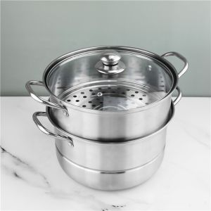 Two Layer Stainless Steel Steamer Pot With Handles Glass Lid