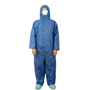 China Type5/6 Dark Blue Disposable SMS Chemical Protective Coverall Breathable With Hood on sale