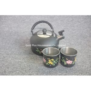 China Promotion stainless steel tea kettle set with two mugs high grade fashion flower pattern water kettles on sale