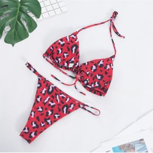 Wrap Halter Triangle Top With Leopard Print Low Waist Bathing Suit Bikini