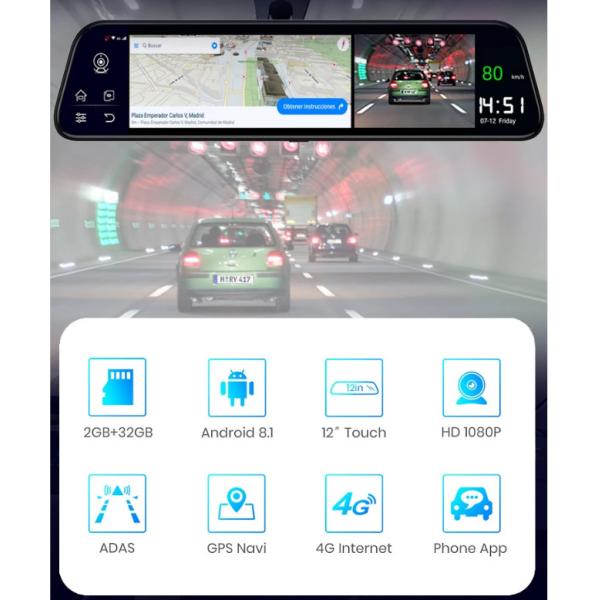 4G ADAS Android GPS Navigation Vehicle Car Camcorder FHD 1080p DVR 12inch