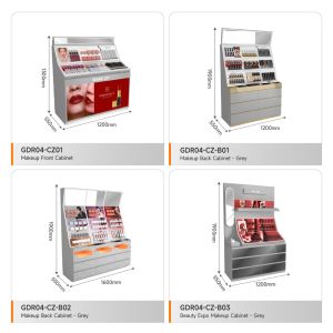 Display Counter Gray Wooden Makeup With Island Led Light For Trendy Shop Display