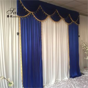 Hot Sale Gorgeous blue silk cloth drape valance curtains with ivory tassel